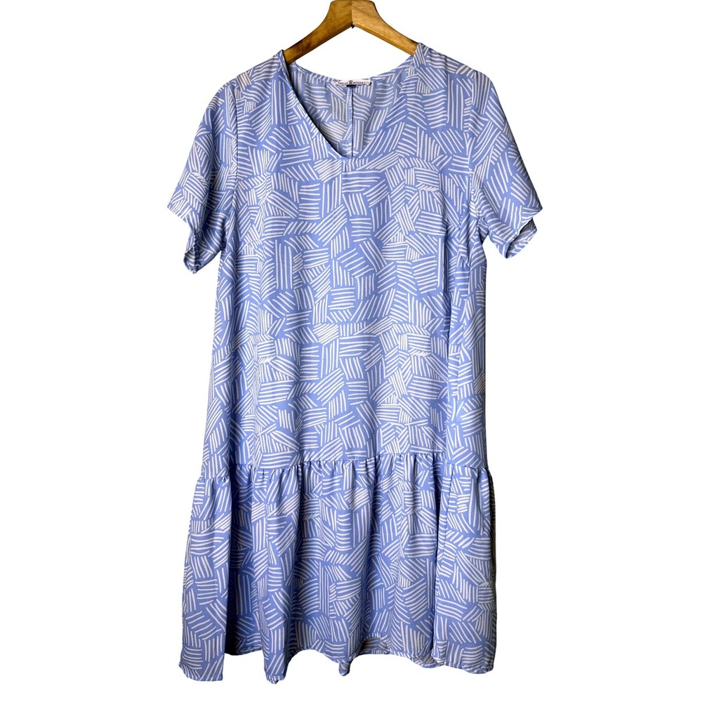 Michelle McDowell‎ Blue White Geometric Hatch Drop Waist Shift Dress Womens L